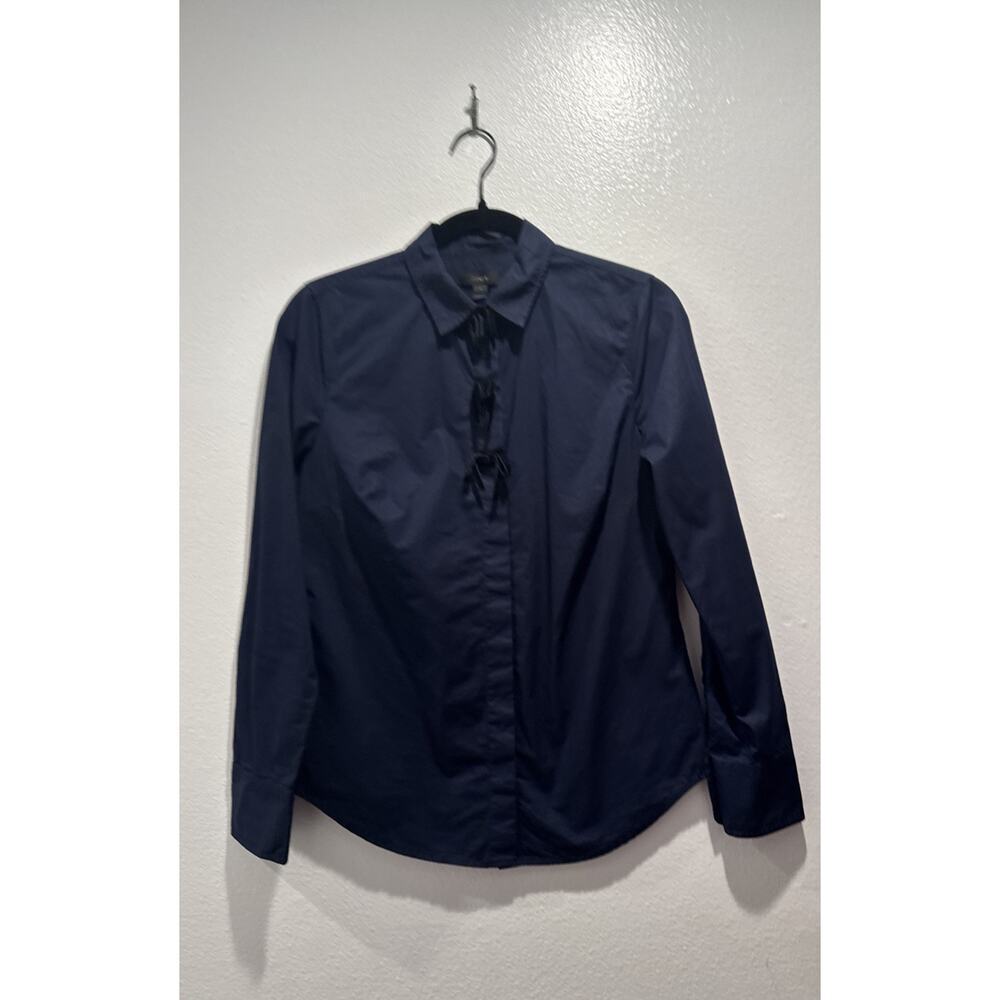J.Crew Women’s Size 4 Navy Blue Poplin Perfect Shirt Black Velvet Bows‎ Romantic
